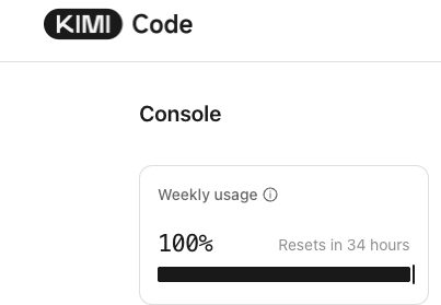 A KIMI Code console showing weekly model usage at 100% - "Resets in 34 hours." A runaway loop with no cycle-breaker burned the entire weekly quota in half a day.
